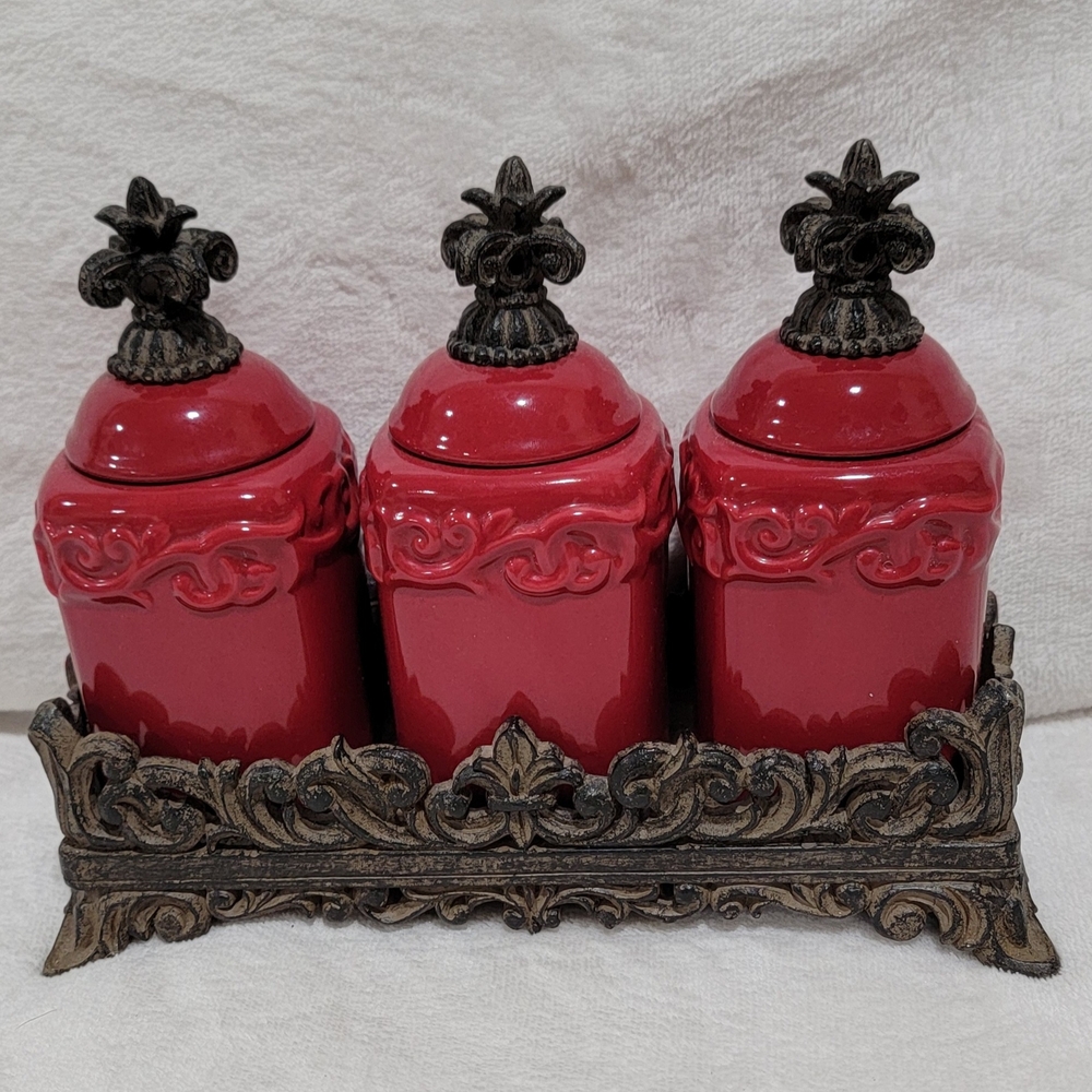 Drake Design Tuscan Scroll Red 3 PC Square Spice Jar Set